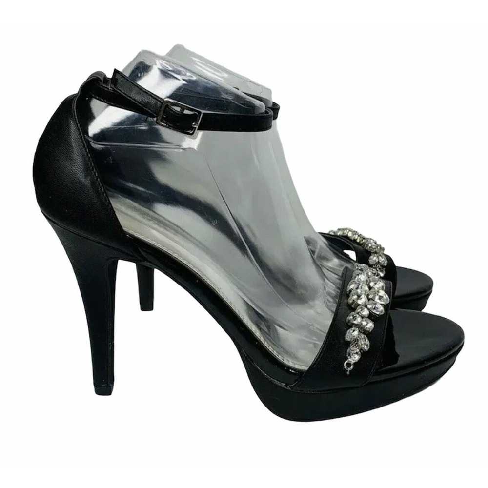 Womens REPORT Lori Ann Black Dressy High Heel‎ Rhinestone Ankle Strap Sandals 10